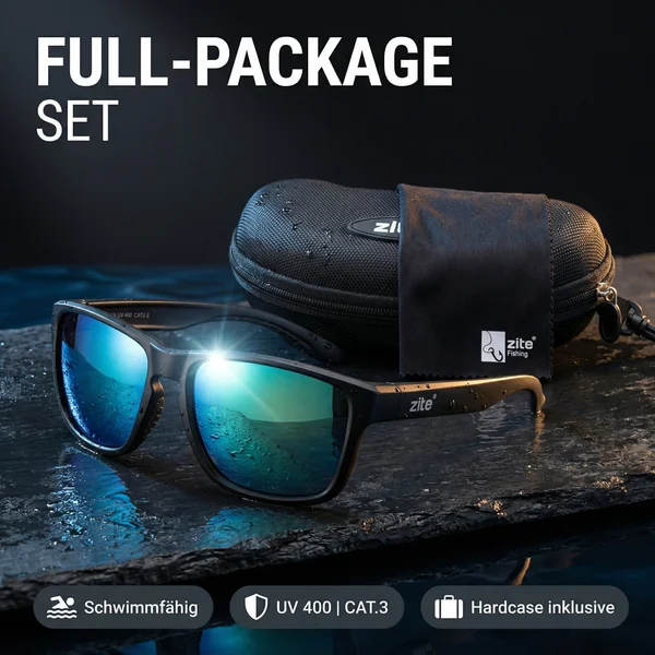 Zite Fishing Polarisationsbrille Culo – Blaugrün verspiegelt mit UV400-Schutz, schwimmfähig & Hardcase - Schwimmfähiges Full-Package-Set