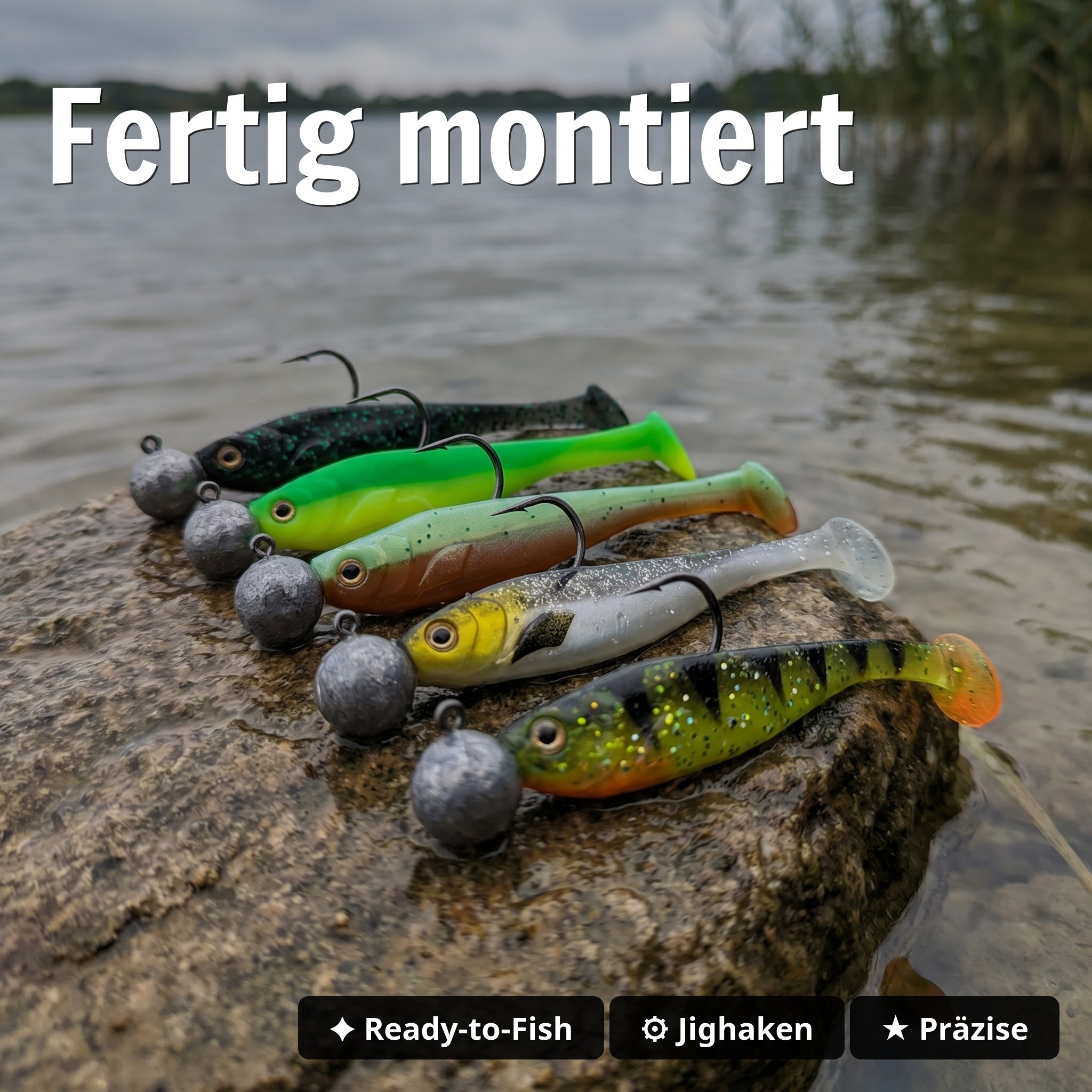 Zite Fishing Inzite Shad Set – 5 fertig montierte Gummifische 12cm mit Mustad Jighaken 5/0, für Zander & Barsch, UV-Farb - Fertig montiert