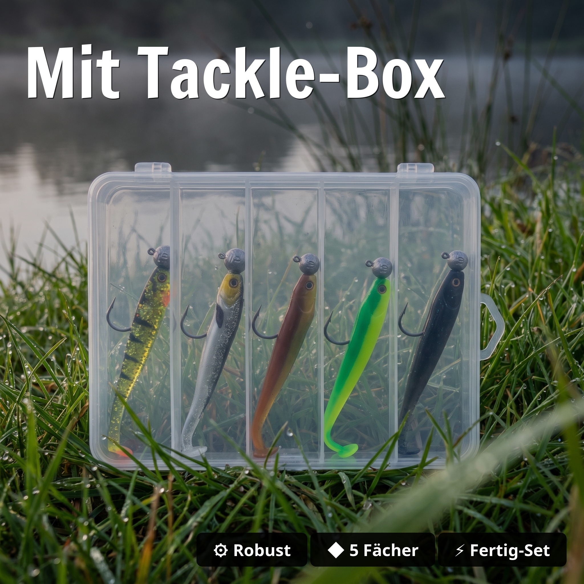 Zite Fishing Inzite Shad Set – 5 fertig montierte Gummifische 12cm mit Mustad Jighaken 5/0, für Zander & Barsch, UV-Farb - Mit Tackle-Box