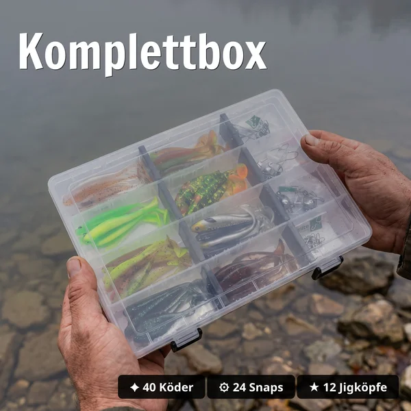 Zite Fishing Inzite Pershad Box - 40 Gummiköder mit Jigköpfen & Snaps für Barsch & Zander - Komplettbox