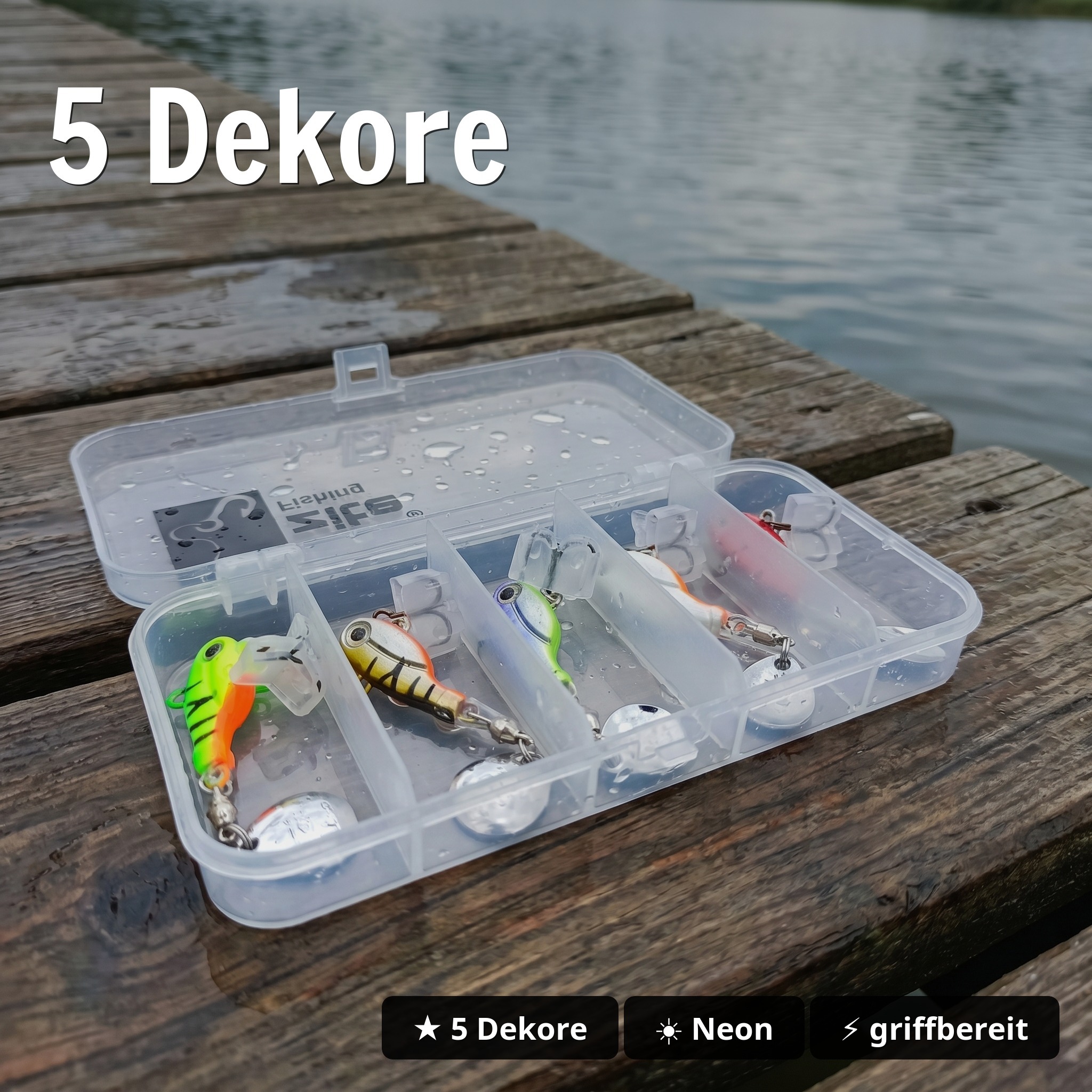Zite Fishing Jigspinner Set Neon S 10g – 5 Köder mit Köderbox für Barsch, Forelle & Zander - 5 Dekore