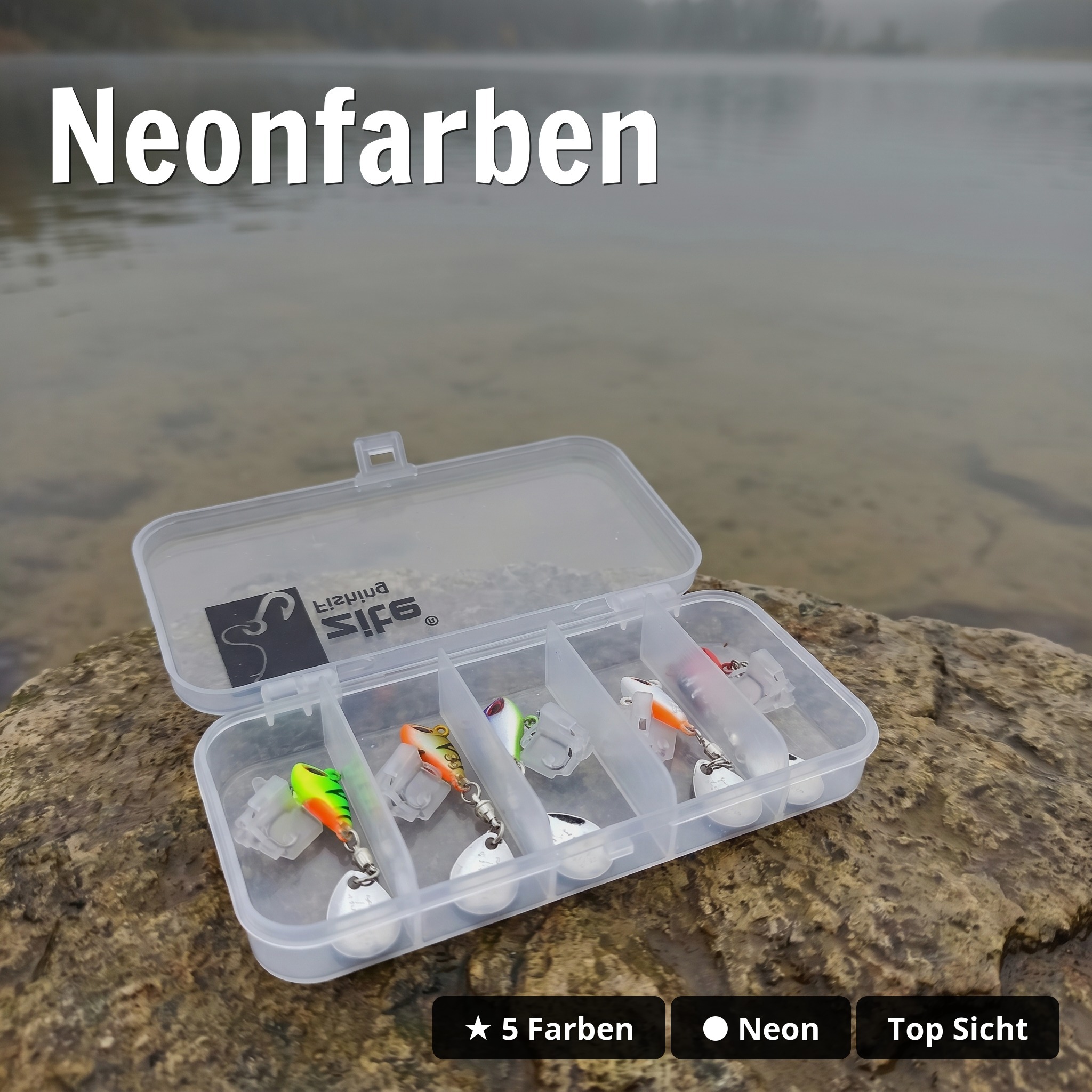 Zite Fishing Jigspinner Set Neon M 5g – 5 Spin-Jigs im Ultralight-Set mit Tackle-Box - Neonfarben