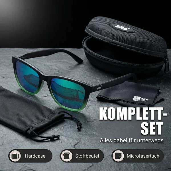 Zite Fishing Polarisationsbrille Basulo – Blaugrün verspiegelt mit UV400-Schutz inkl. Hardcase & Microfasertuch - Umfangreiches Zubehör-Set