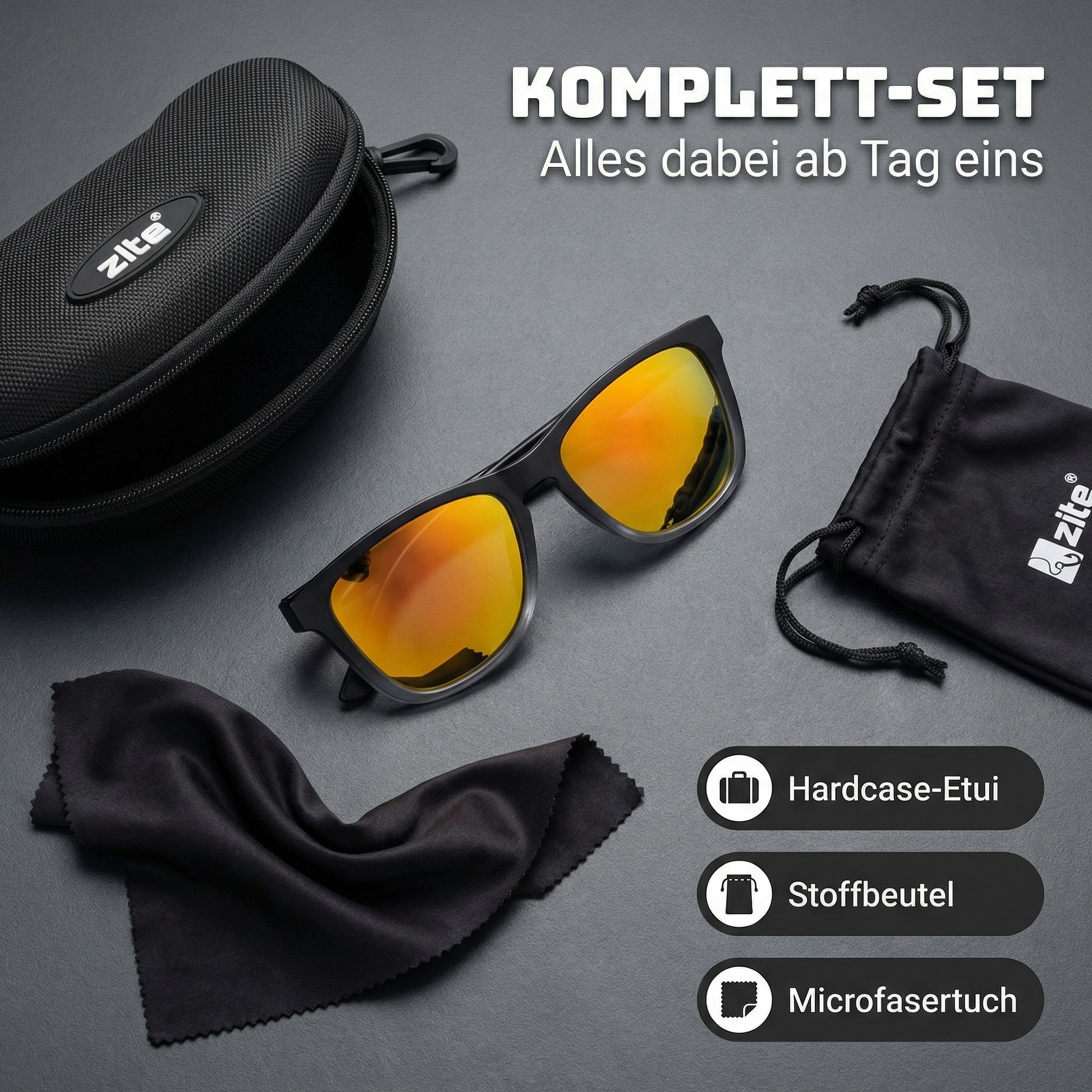 Zite Fishing Polarisationsbrille Basulo – Orange verspiegelt mit UV400-Schutz inkl. Hardcase & Microfasertuch - Umfangreiches Zubehör-Set