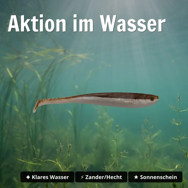 Inzite Shad Classic Brownie 15,5 cm – Gummifisch für Zander & Hecht, 4 Stück - Aktion im Wasser