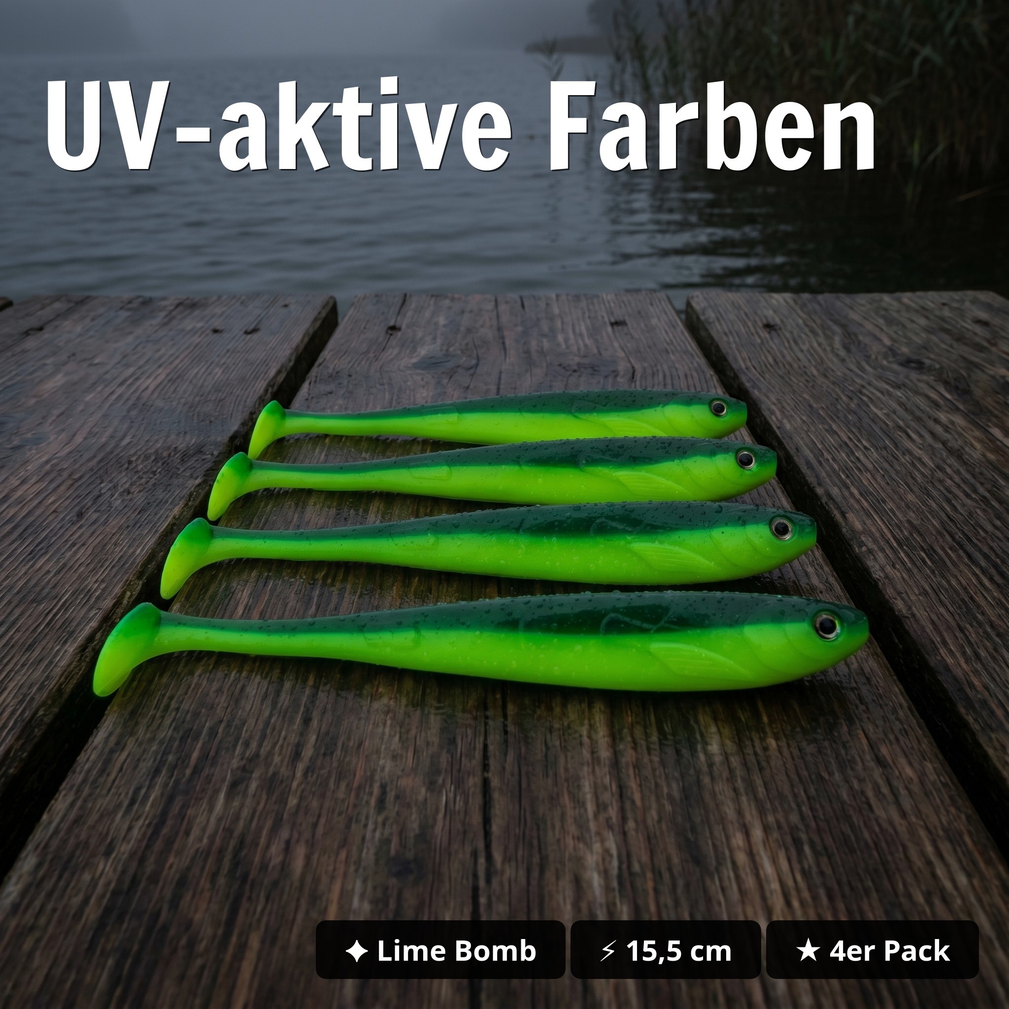 Inzite Shad Lime Bomb Gummifisch 15,5 cm – 4 Stück – UV-aktiv für Zander & Hecht - UV-aktive Farben