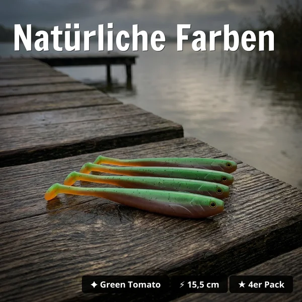 Inzite Shad Green Tomato 15,5 cm – Gummifisch für Zander & Hecht 4 Stück - Natürliche Farben