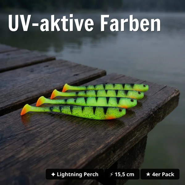 Inzite Shad Lightning Perch 15,5 cm Gummifisch 4 Stück – UV-aktiv für Zander & Hecht - UV-aktive Farben