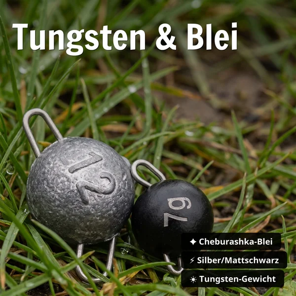Cheburashka Rig Bundle mit Cheburashka in Blei & Tungsten sowie Off-Set & Schnüre für Barsch & Zander Angeln - Tungsten & Blei