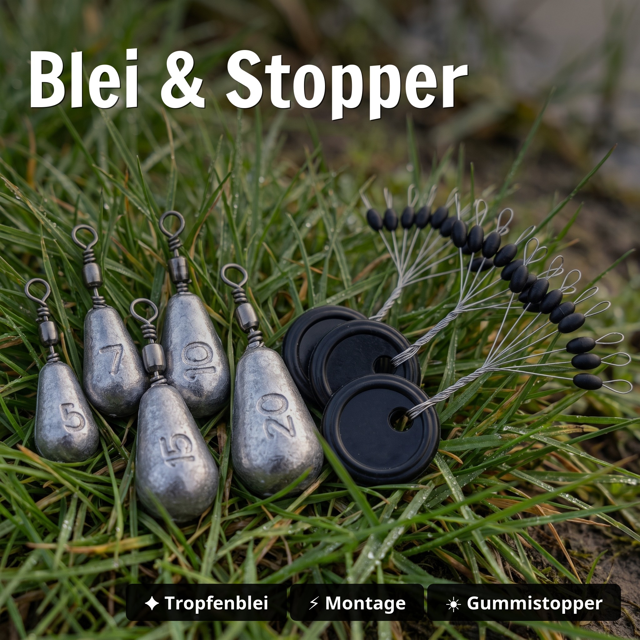 Free Rig Bundle mit Off-Set Haken sowie Tropfenblei Sortiment, Stopper & Schnüre für Barsch & Zander Angeln - Blei & Stopper