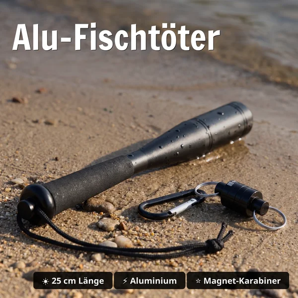Kescher Gummiert 2,10m 3-Teilig Bundle mit Hakenlöser Zange Gebogen 18cm & Fischtöter Aluminium mit Karabiner - Alu-Fischtöter