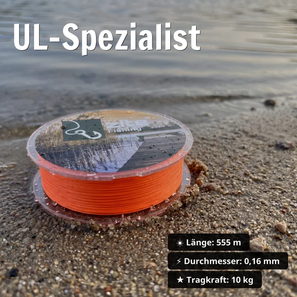 Zite Fishing Geflochtene Schnur orange 555 m 0,16 mm – 8-fach Braid für Hecht, 10 kg Tragkraft, Spinnfischen - UL-Spezialist