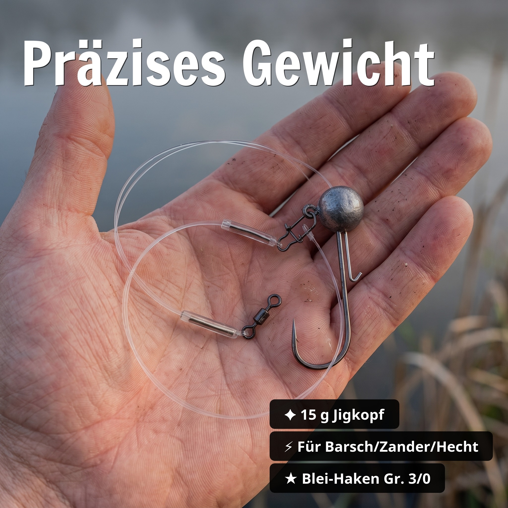 Zite Fishing Jighead 15 g Gr. 3/0 – Fertigmontage mit Fluorocarbon-Vorfach 40 cm, 0,28 mm für Zander, Hecht & Barsch - Präzises Gewicht