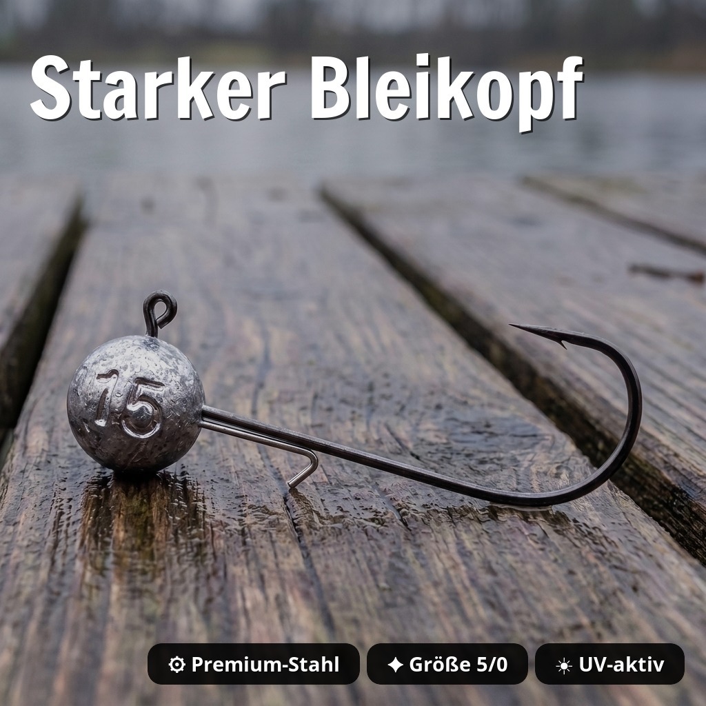 Zite Fishing Jighaken mit Gummiköder 15 cm Set – 5/0 Jigheads & Balzer Shirasu Reptile Shad Albino für Hecht & Zander - Starker Bleikopf