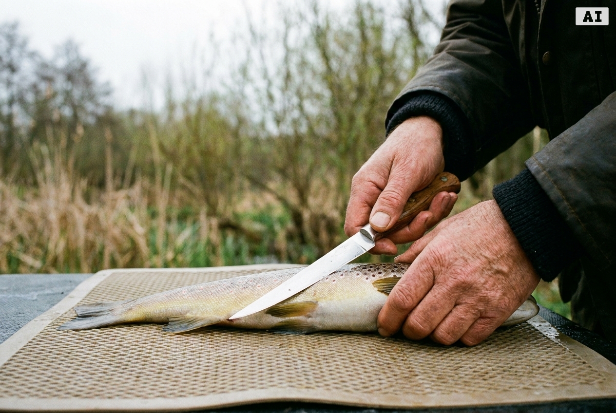Sicheres hantieren mit dem messer beim fisch ausnehmen in der Praxis
