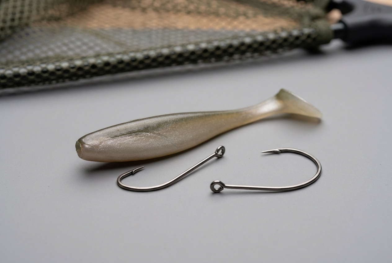 Wie montiere ich gummifische am offset haken richtig – Detailansicht