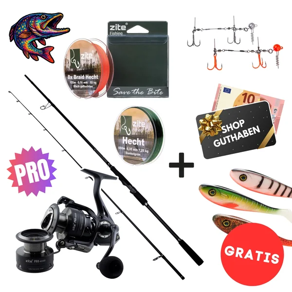 Hecht Pro Komplettset - Inzite Pro Stick Hecht, Spinnig Reel Pro 4000, Angelschnur & GRATIS Zubehör