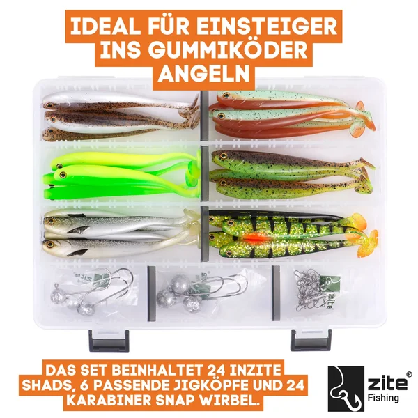 Zander Gummifische Starterbox 24 Inzite Shads 6 Jighaken 24 Karabiner Snaps mit Tacklebox_auswahl1