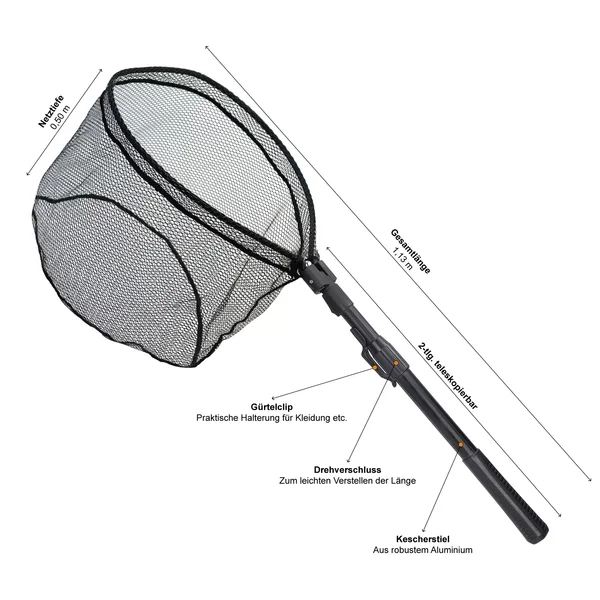 Zite Fishing Spinnkescher Faltbar Schwarz 113cm + Hakenlöser Zange Gebogen 18cm_auswahl1