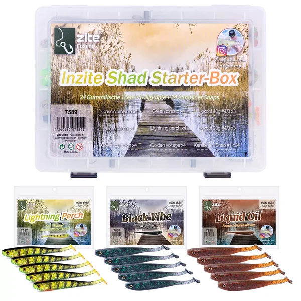 Inzite Shad Starterbox-Set 39 Zander Gummifische 12cm, 6 Jighaken, 24 Snaps + Köderbox_auswahl1