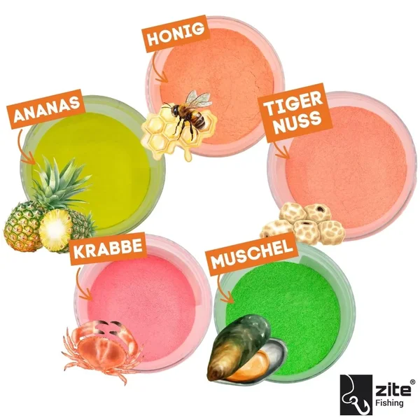 Zite Fishing UV Boost Powder Set 5x50g Bait Dip Karpfenköder - 5 Aromen in wiederverschließbarer Dose_auswahl2