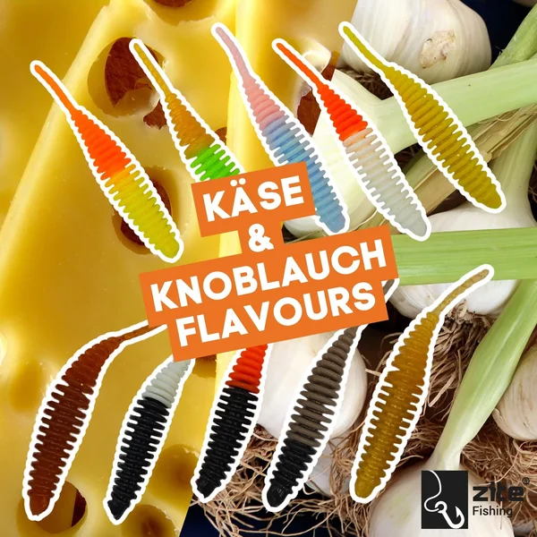 Wiggle Worm Starterset - Forellenköder Knoblauch Käse Aroma + 9 Tungsten Jighaken_auswahl6