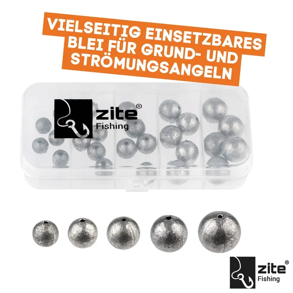 Zite Fishing Lochblei Sortiment 30 Stück 5-20g Kugelblei mit Schnurkanal in Sortierbox Grund- & Strömungsangeln_auswahl1