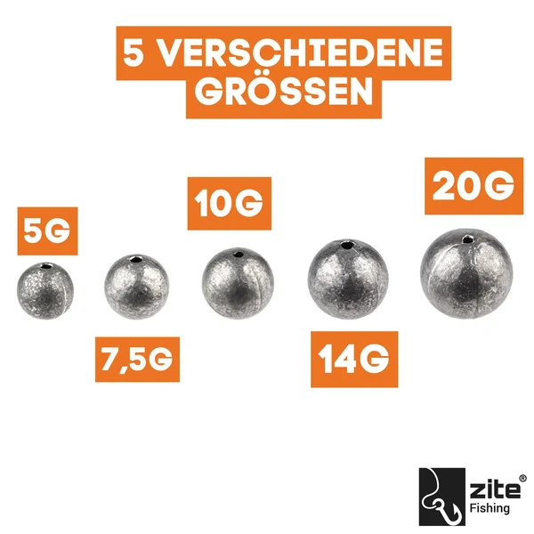 Zite Fishing Lochblei Sortiment 30 Stück 5-20g Kugelblei mit Schnurkanal in Sortierbox Grund- & Strömungsangeln_auswahl3