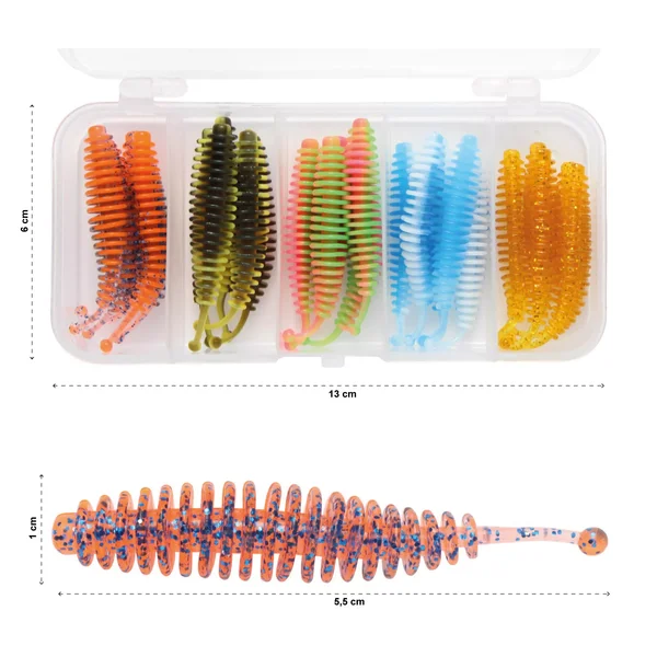 Forellenwürmer 5,5 cm 25 Stück mit 3 Tungstenhaken und 10 ml Knoblauch Aroma Zite Fishing_auswahl1