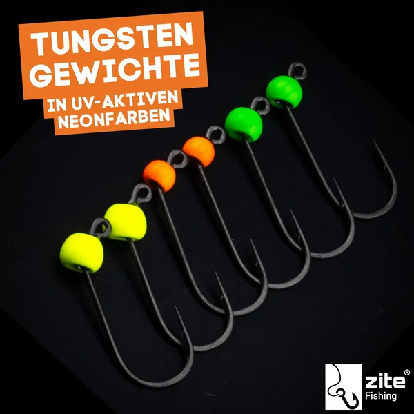 Zite Fishing Tungsten ProSharp Jighaken Set #4 Neon 18 Angelhaken 0,3-0,7g Jigköpfe Tefloncoated in Sortierbox _auswahl2