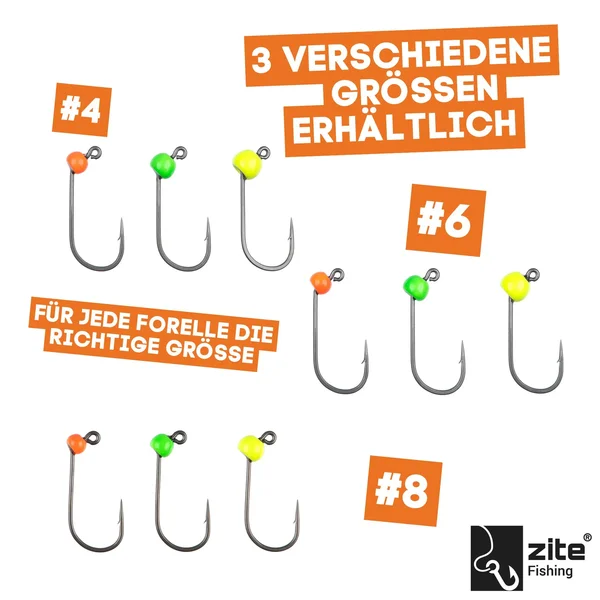 Zite Fishing Tungsten ProSharp Jighaken Set #4 Neon 18 Angelhaken 0,3-0,7g Jigköpfe Tefloncoated in Sortierbox _auswahl3