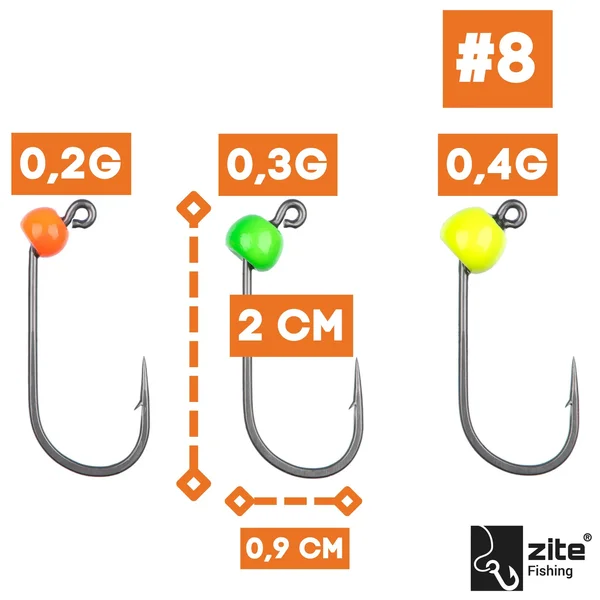 Zite Fishing Tungsten ProSharp Jighaken Set #8 Neon 18 Angelhaken 0,3-0,7g Jigköpfe Tefloncoated in Sortierbox_auswahl1