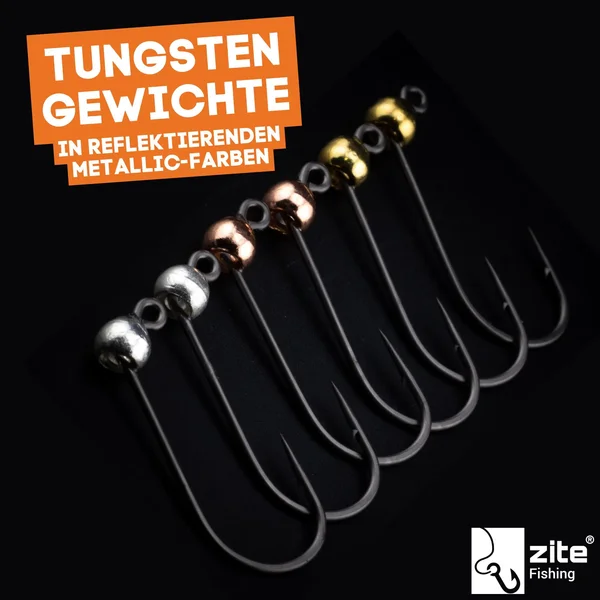 Zite Fishing Tungsten ProSharp Jighaken Set #4 Metallic 18 Angelhaken 0,3-0,7g Jigköpfe Tefloncoated in Sortierbox_auswahl2