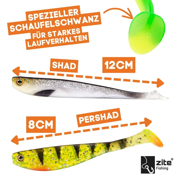 Gummifisch Starterset - Inzite Shad & Pershad je 3 Farben Gummiköder-Kombi für Zander & Barsch inkl. GRATIS Jighaken _auswahl1