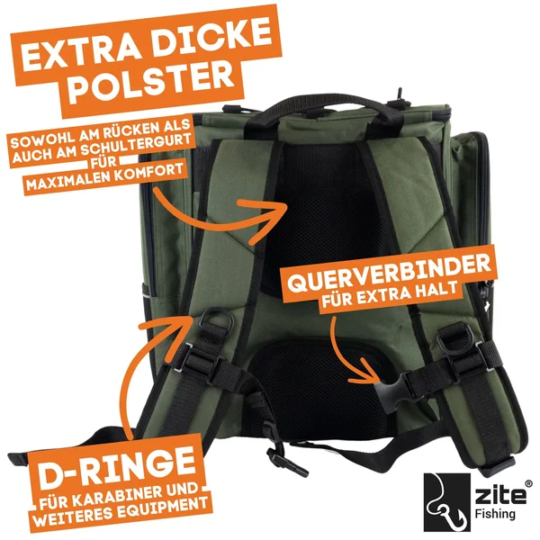Angelrucksack Grn mit Boxen & Rckenpolster fr Spinnfischer Zite Fishing