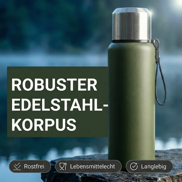 Zite Fishing Thermoskanne 1l Edelstahl Olivgrün – Doppelwandige Thermosflasche 8h heiß / 24h kalt mit Becher_auswahl2