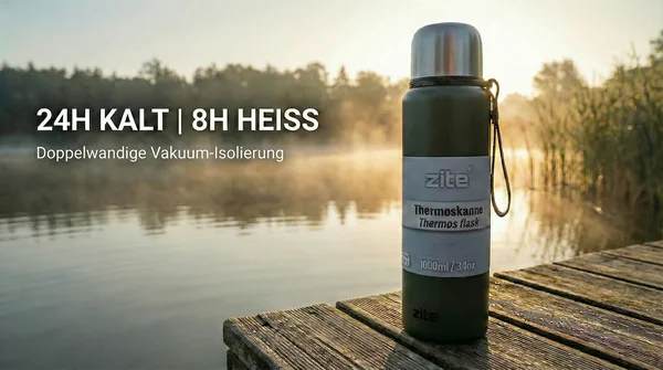 Zite Fishing Thermoskanne 1l Edelstahl Olivgrün – Doppelwandige Thermosflasche 8h heiß / 24h kalt mit Becher_auswahl5