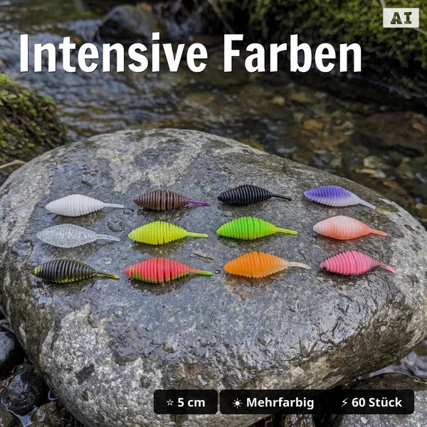 Big Bug Starterbox – 60 Gummiköder in 12 Farben, Forellen Set mit Tackle-Box, UV-aktiv, Ultra-Light_auswahl4