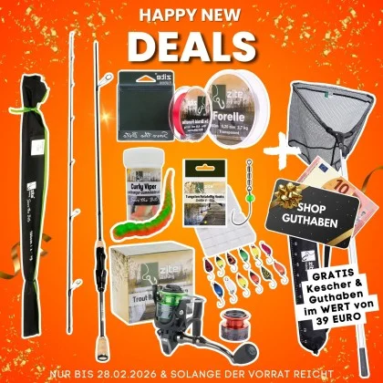 Ultra Light Forellen Komplettset mit Spoonrute, Rolle, Angelschnur, Kunstködern & Rotate Hooks + GRATIS Kescher