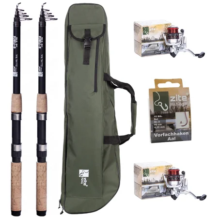 Zite Fishing 2x Teleskoprute 2,70 m + 2x Karpfenrolle bespult Base Reel 3000 + Rutentasche 1 m + Haken mit Schnur Aal