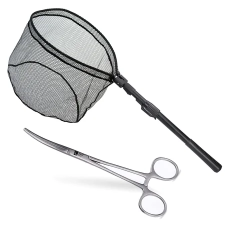 Zite Fishing Spinnkescher Faltbar Schwarz 113cm + Hakenlöser Zange Gebogen 18cm