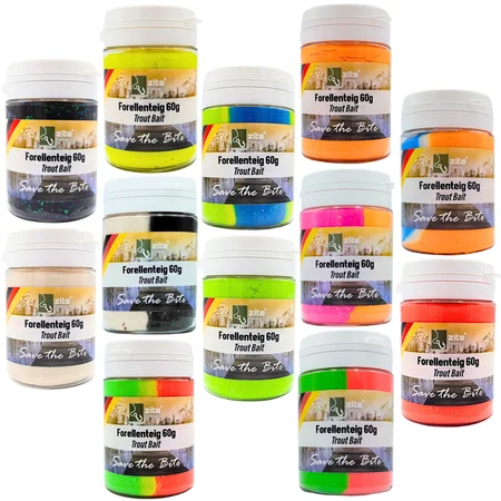 Forellenteig XXL-Set - 12x60g Glitter Trout Bait - Alle 12 Aromen & Farben von Zite Fishing