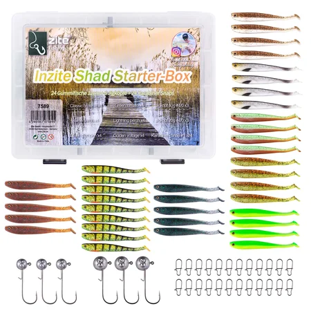 Inzite Shad Starterbox-Set 39 Zander Gummifische 12cm, 6 Jighaken, 24 Snaps + Köderbox