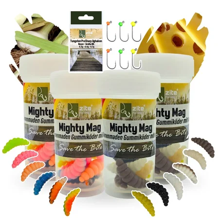 Mighty Mag Starter Set - 48 Gummiköder Knoblauch & Käse Aroma + 6 Tungsten Jighaken