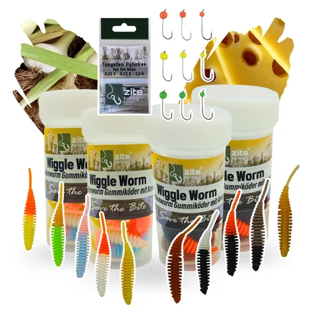 Wiggle Worm Starterset - Forellenköder Knoblauch Käse Aroma + 9 Tungsten Jighaken