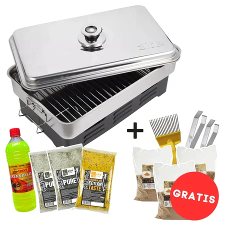 Tischräucherofen Sparset mit Brennpaste & 3x Räucherlake + 3x Räuchermehl & Überraschung GRATIS