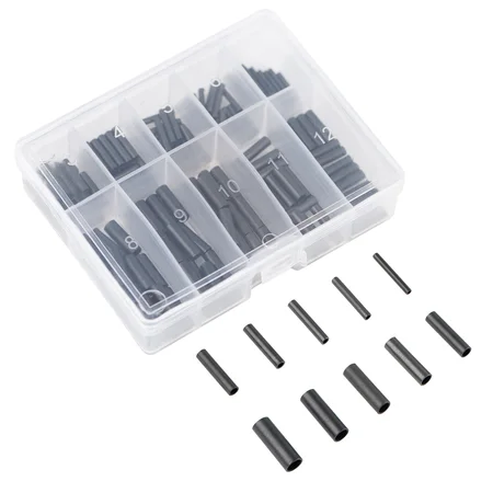 Klemmhülsen Set 10 Größen - 150 Quetschhülsen Schwarz in Box Angeln Vorfachmaterial Zite Fishing