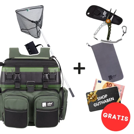 Multi-Angelkoffer Set - Angelrucksack-Sitzkiepe & 2,10m Kescher Gummiert + GRATIS Handtuch & Multi-Angelzange