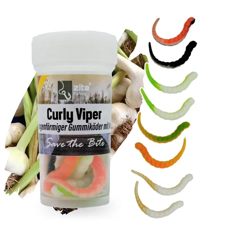 Zite Fishing Curly Viper Schock Mix Knoblauch Forellen-Gummiköder 6,5 cm – 8er Pack