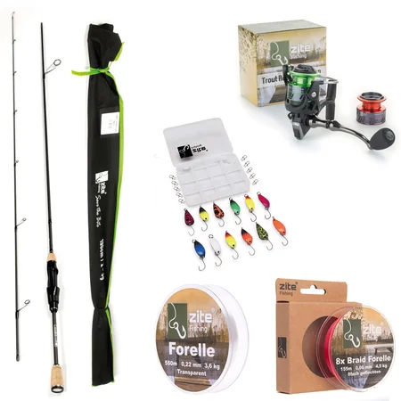 Zite Fishing Forellenrute 190cm + Angelrolle 1000 3+1BB + 3fach geflochtene Schnur + monofile Schnur + Spoons